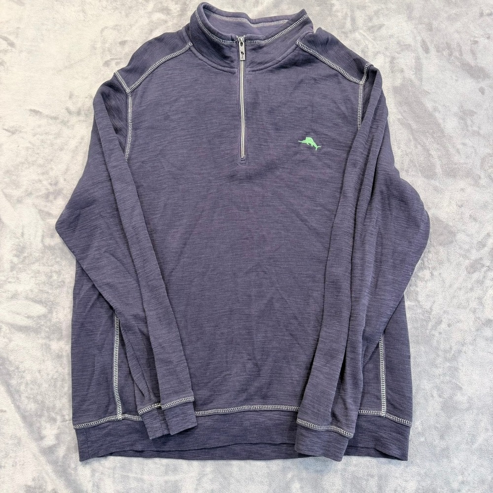 Tommy Bahama Mens Pullover 1/4 Zip Sweatshirt Cotton Tencel Blue Slub Knit L